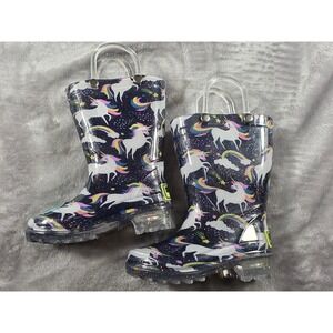 Western Chief Rain Boots Toddler Kids Size 5 Glitter Navy Unicorn Light-Up Heels